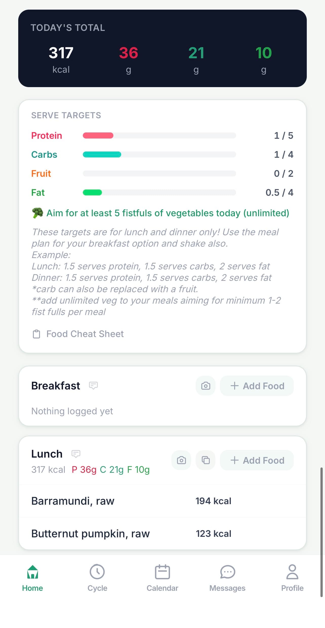 Client app cheat sheet — serve targets panel (rose/teal/green bars), food list with household measures visible