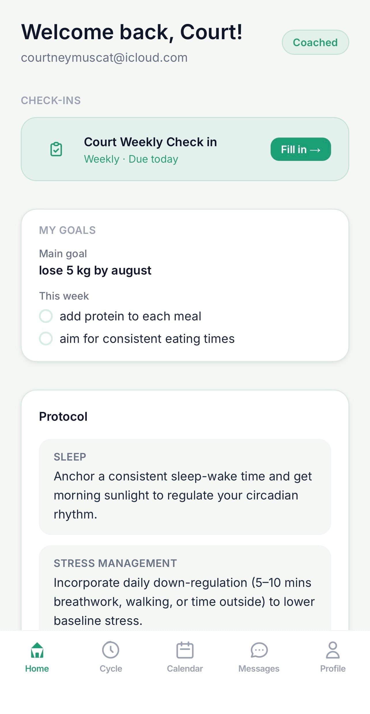 Client app home screen — check-in due card showing form title, schedule, and Fill in button