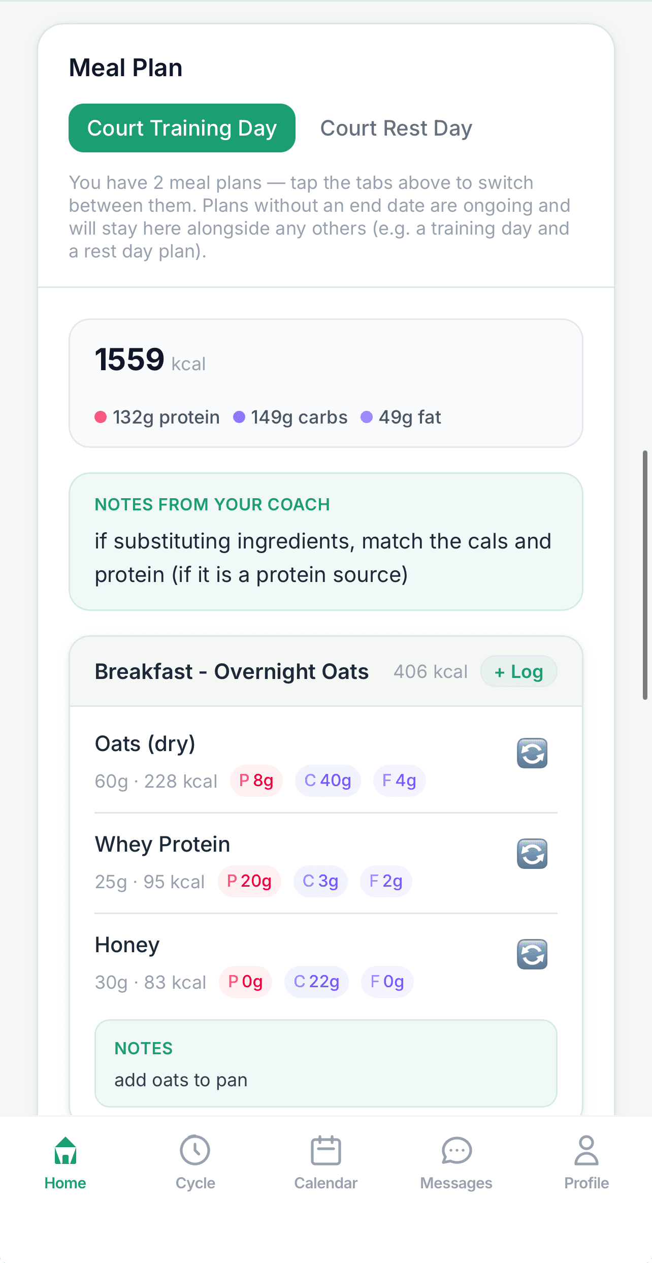 Client app view — meal plan with food items, swap button, and coach notes visible