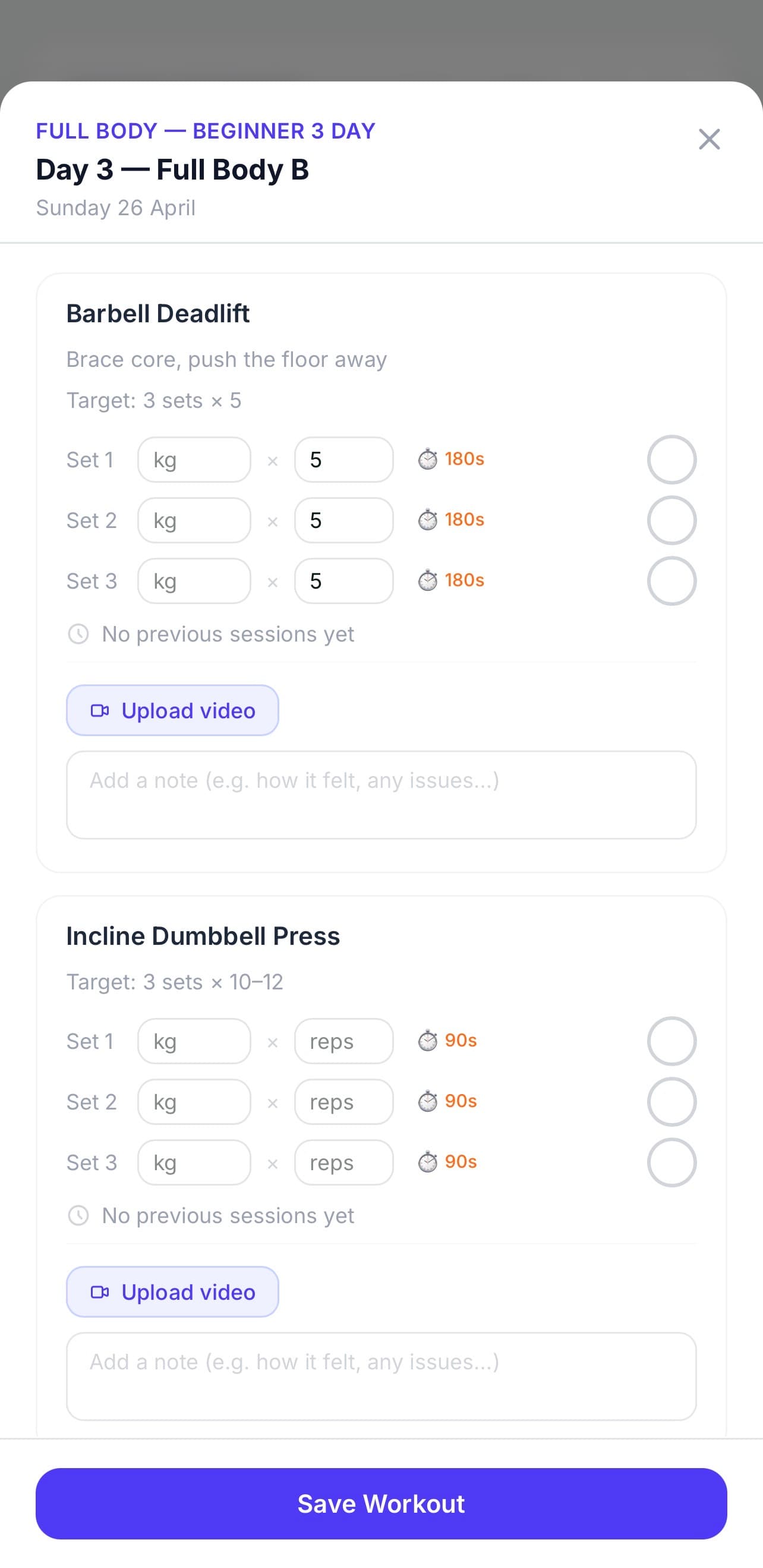 Client app — active workout session showing current exercise, sets/reps input, rest timer, and progress