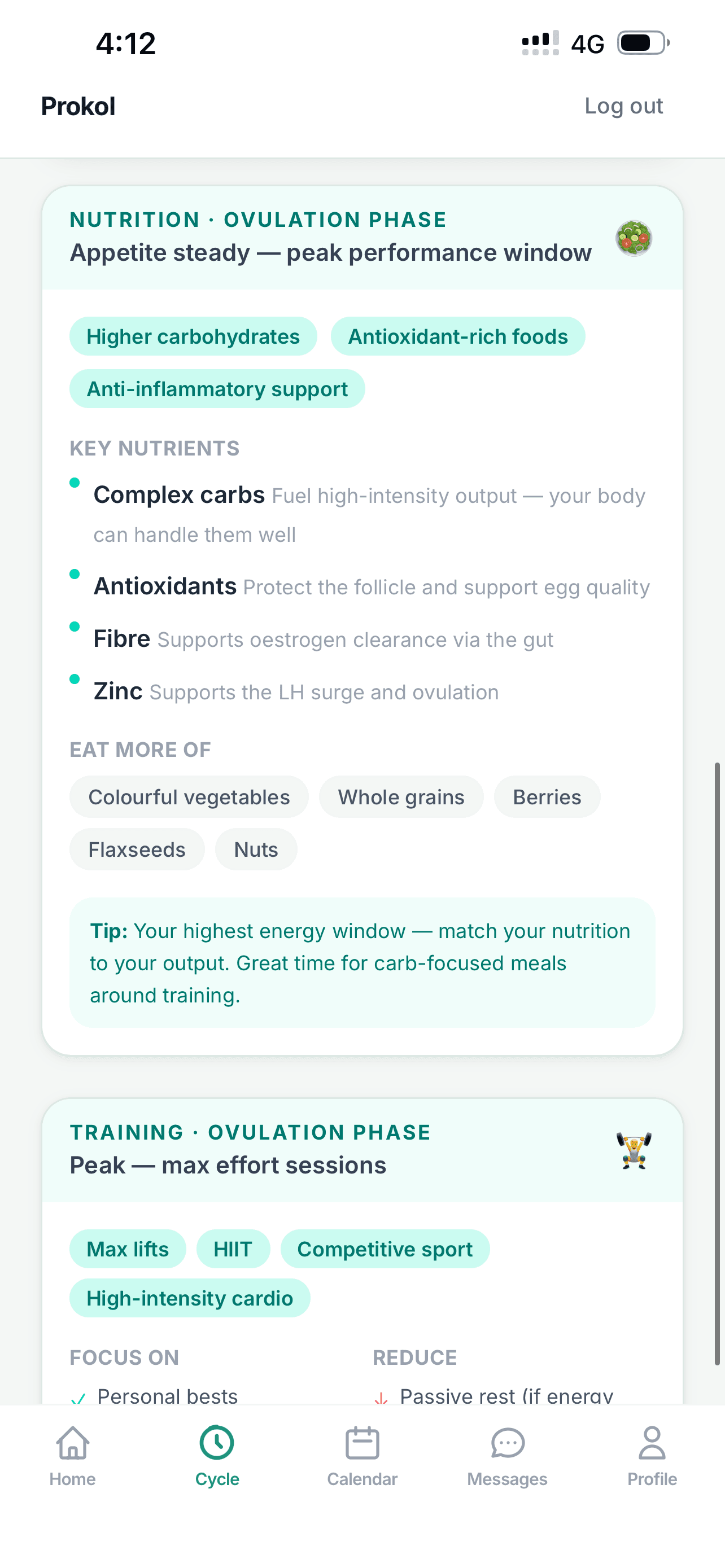 Client app — cycle intelligence view showing the prediction strip (next period in Xd, ovulation est., avg cycle length), the phase bar at the top, and personalised insight text below