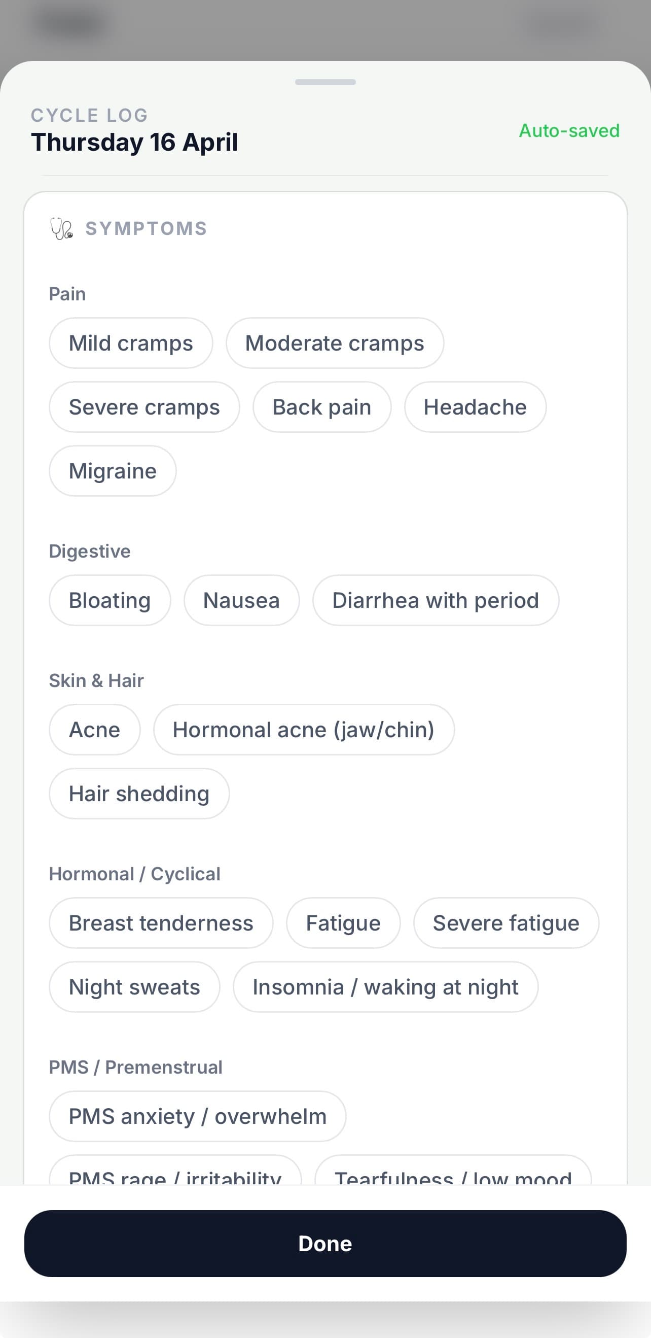 Client app — cycle logging modal open for a specific day, showing symptom chips selected (e.g. cramps, fatigue), mood picker, energy selector, BBT input, and cervical mucus options