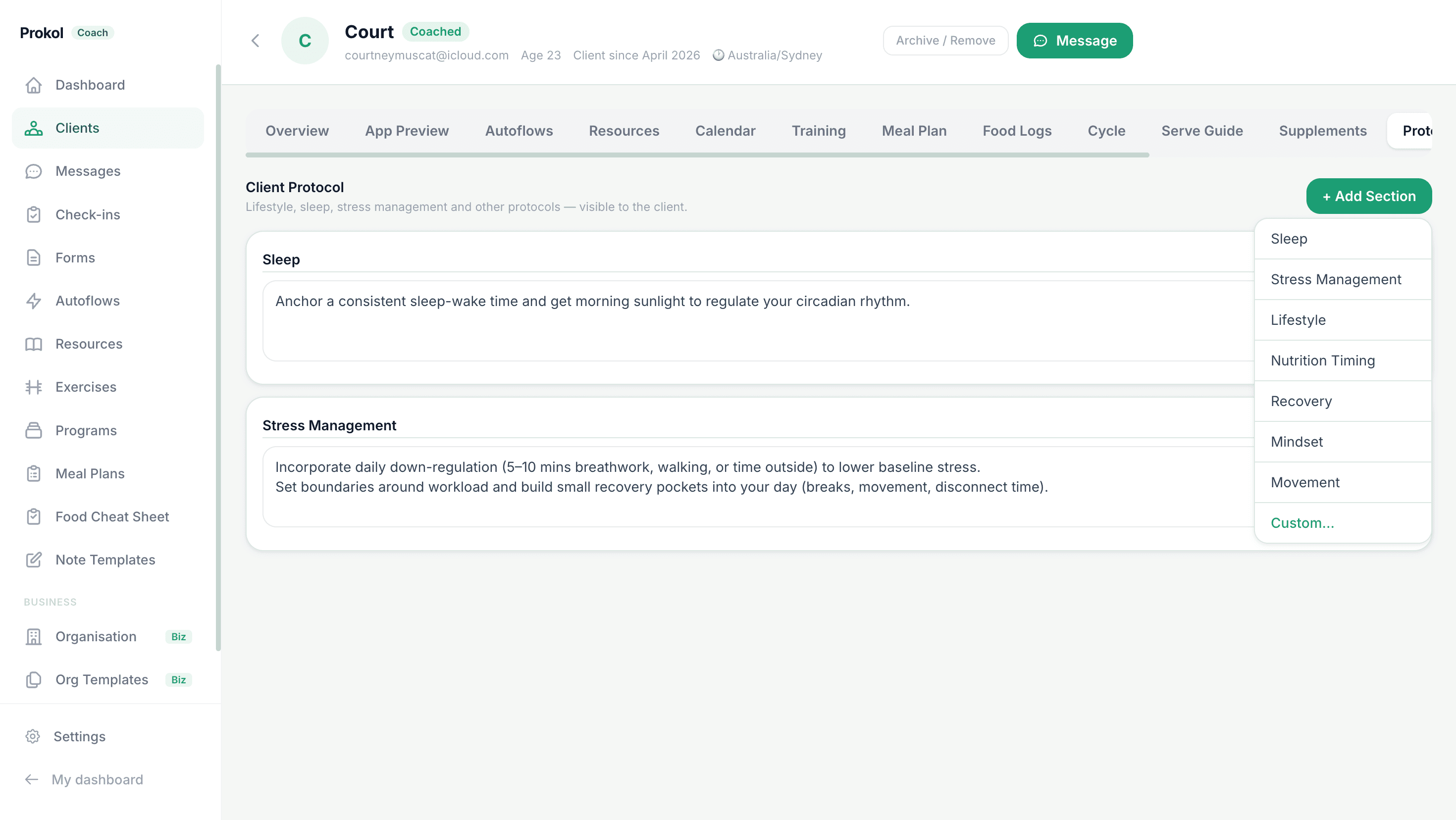 Client file — Protocol tab showing structured coaching protocol sections visible to the client