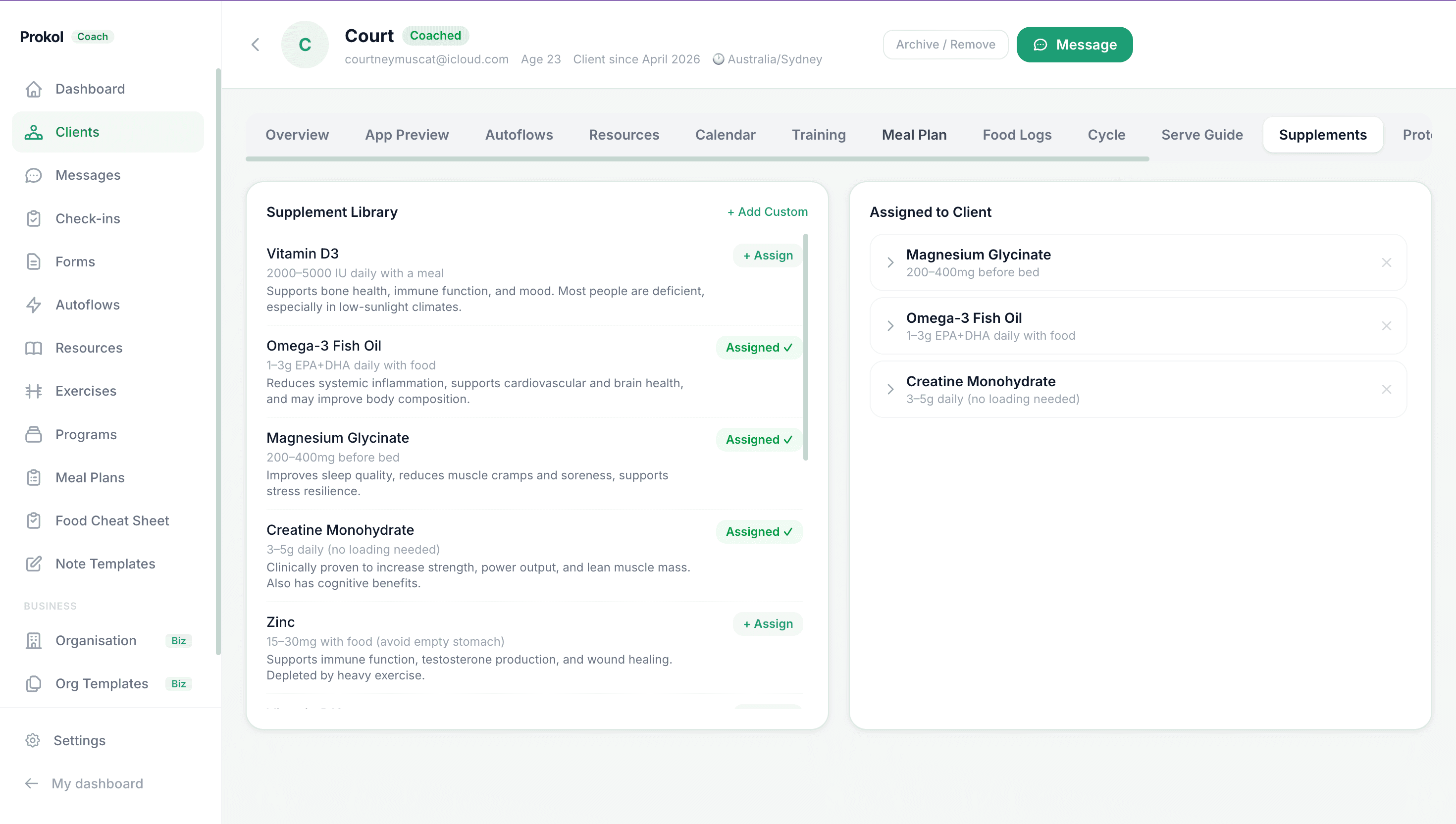Client file — Supplements tab showing assigned supplement stack with dosage, benefits, and brand links