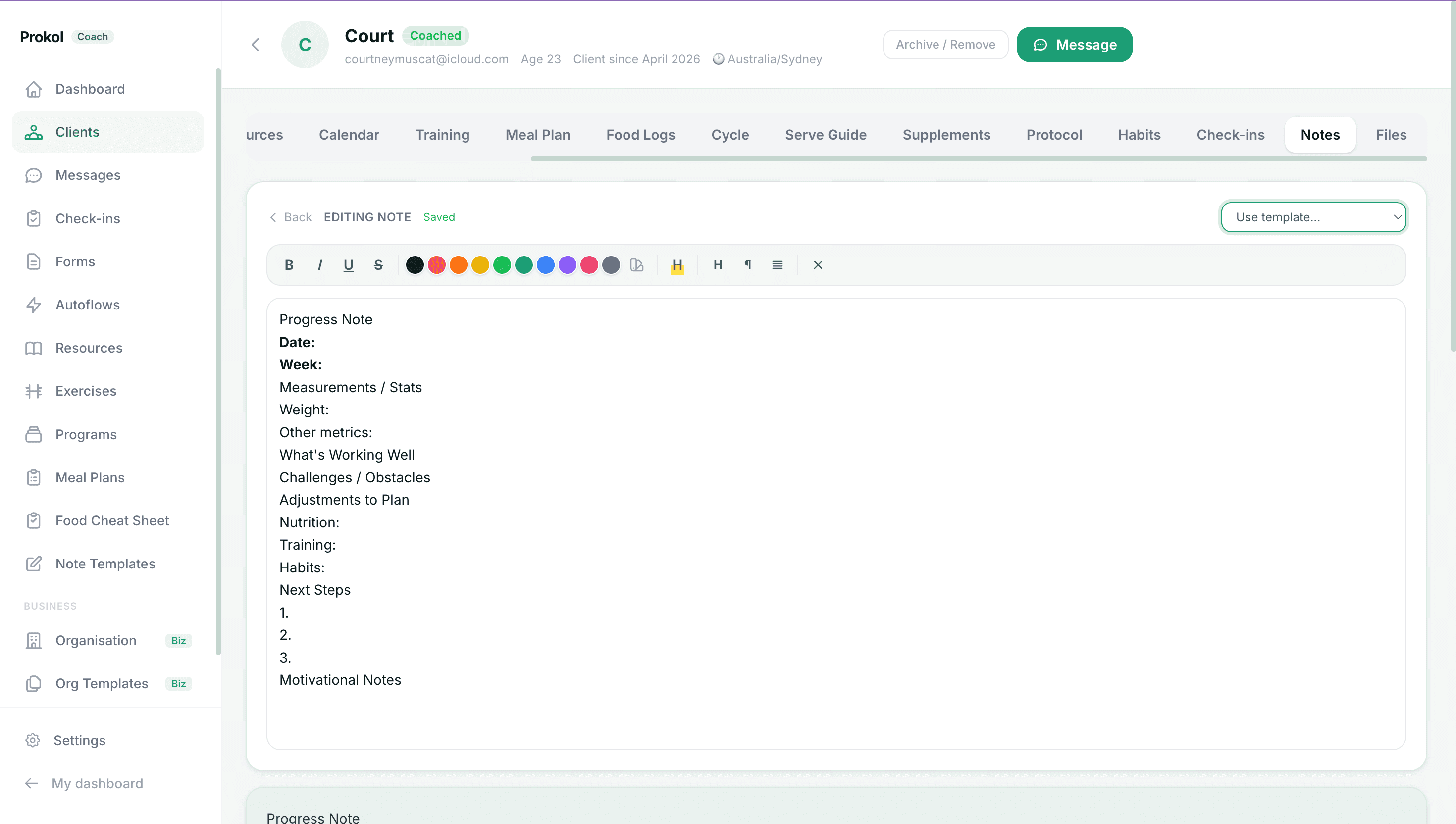 Notes tab inside a client file — showing a list of dated coach notes with text content and a "New note" button