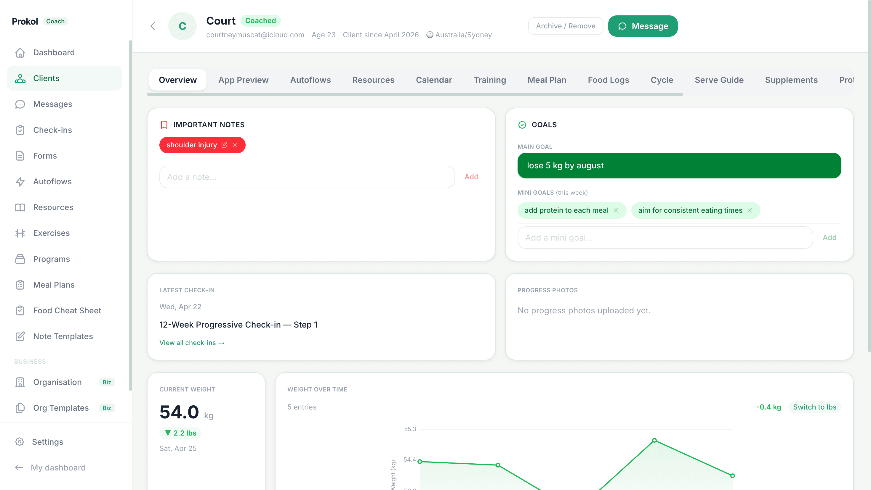 Client file overview — goals, progress photos, weight, check-in history, and client activity visible