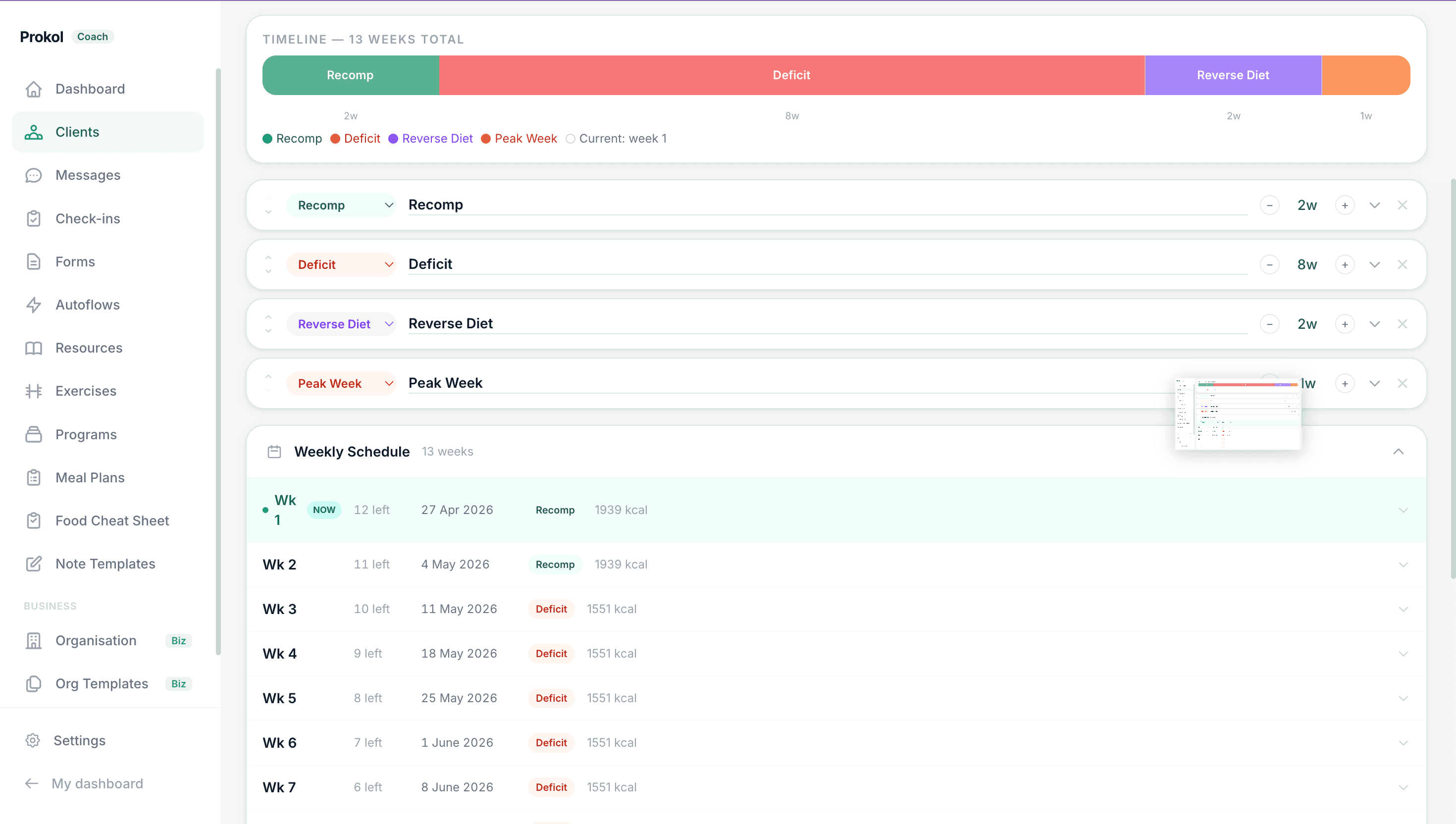 Weekly Changes tab in client file — phase timeline, phase cards, and weekly schedule with dates, phase labels, and calorie targets